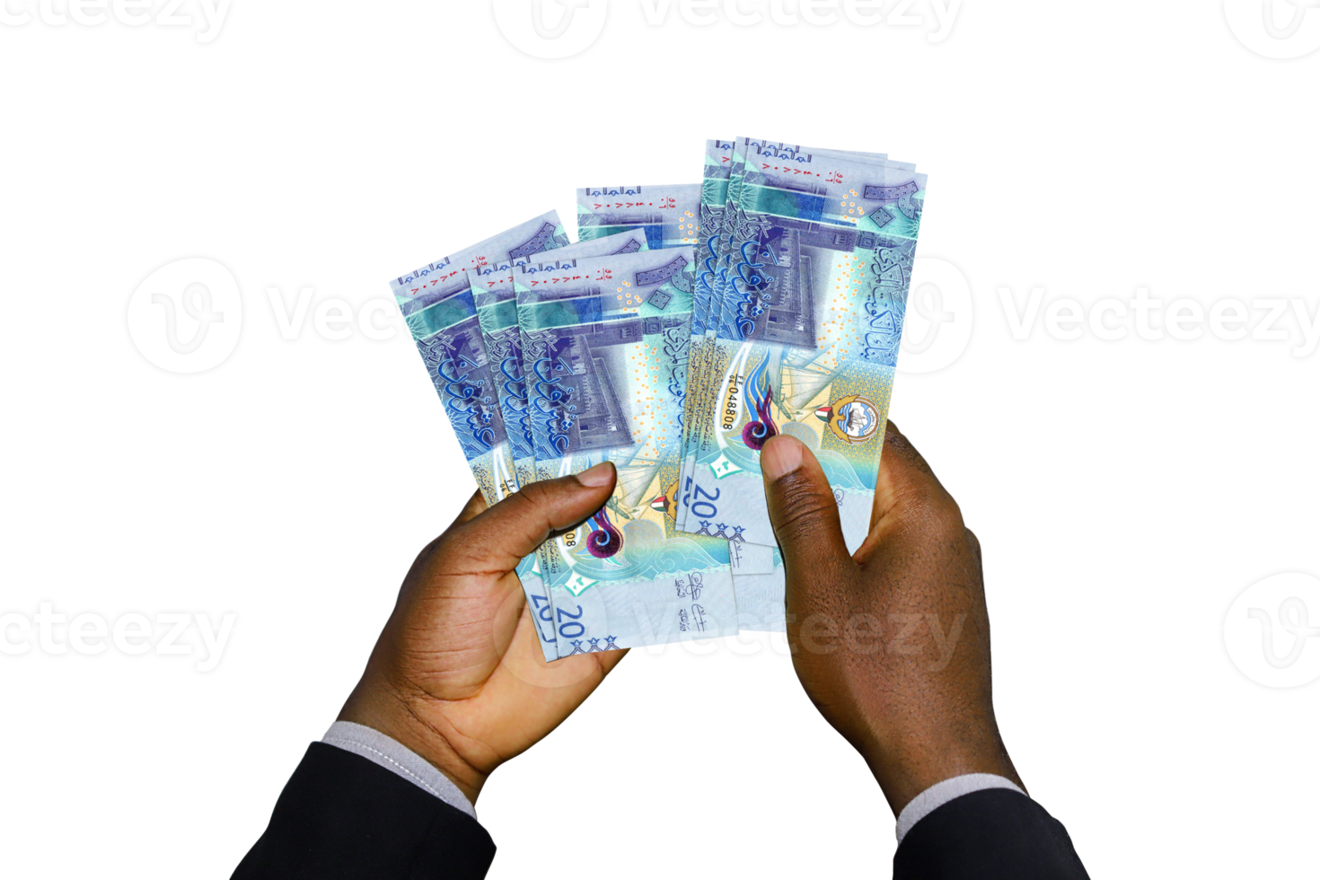 Black Hands in suit holding 3D rendered Kuwaiti dinar notes png