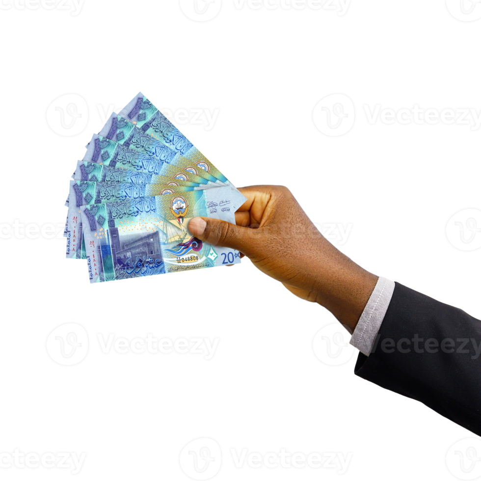 Black hand with suit holding 3D rendered Kuwaiti dinar notes isolated on transparent background png