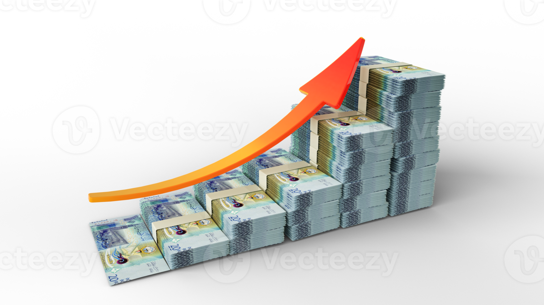 signe de croissance financière composé de piles de billets en dinars koweïtiens. rendu 3d de l'argent disposé sous la forme d'un graphique à barres isolé sur fond transparent png