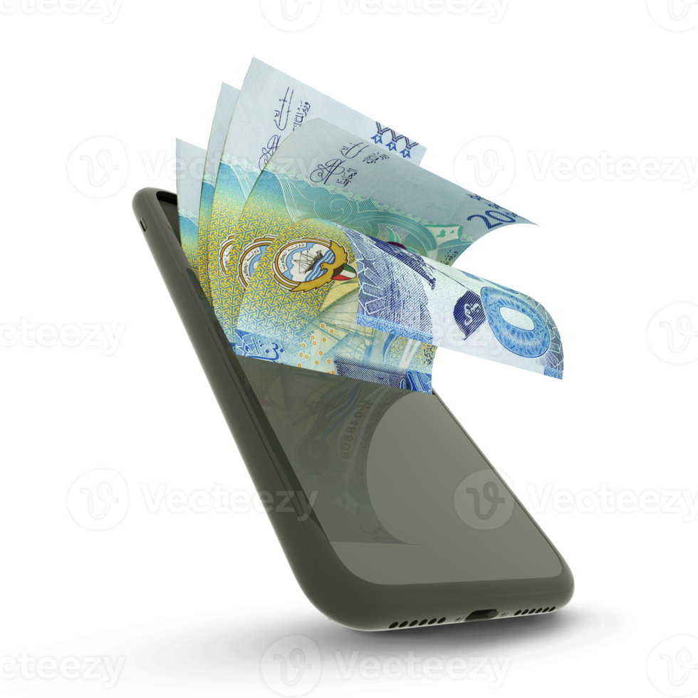 3D rending of Kuwaiti dinar notes inside a mobile phone. money coming out of mobile phone png