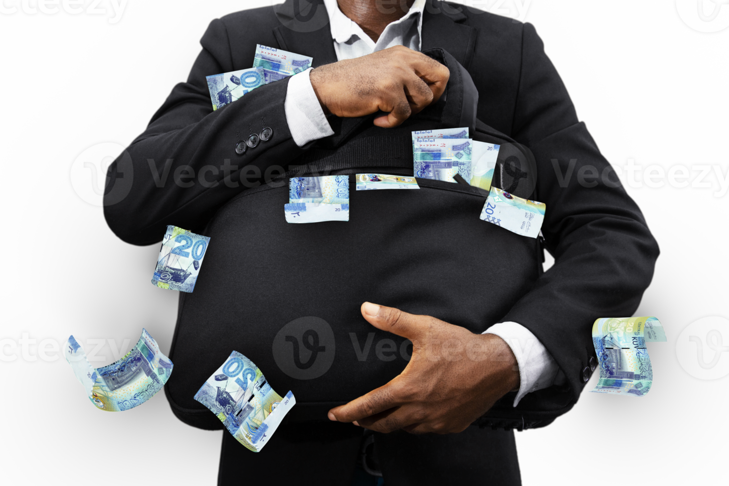 Black Businessman holding black bag full of Kuwaiti dinar notes isolated on transparent background, money falling from bag png