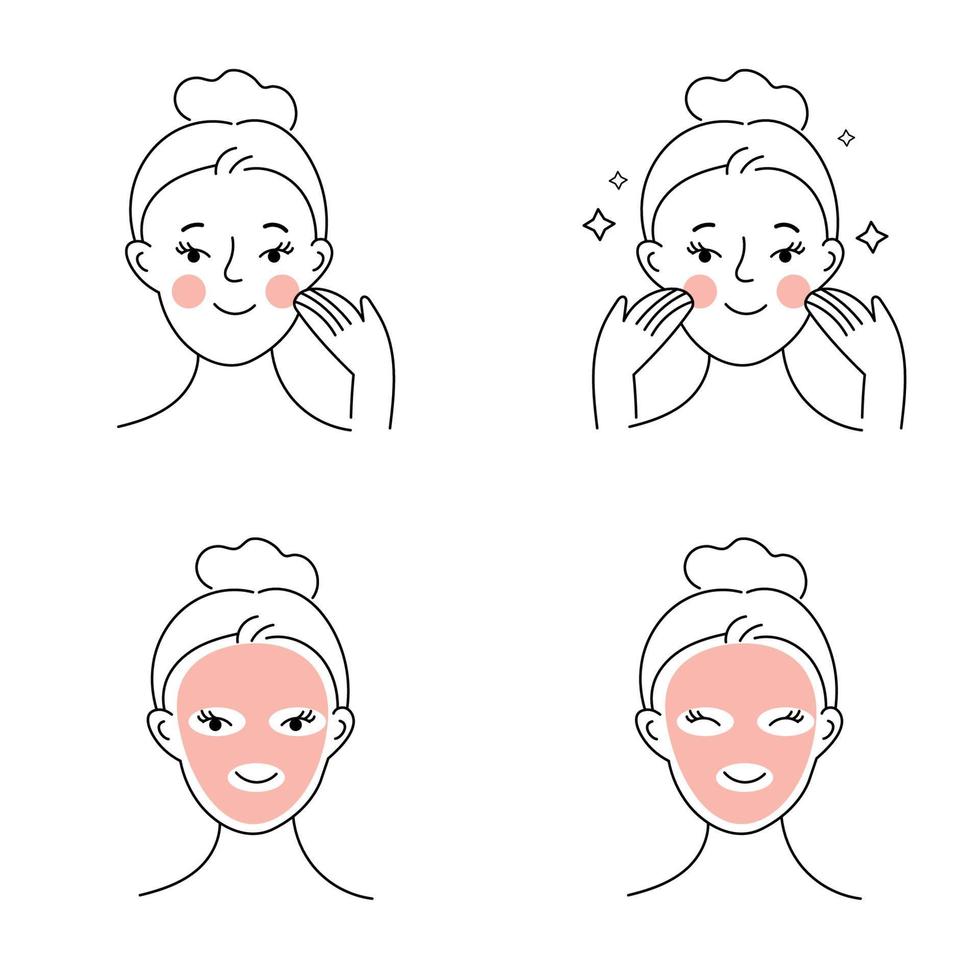 la chica de belleza cuida su rostro y usa productos de limpieza para la piel. procedimientos de cuidado de la piel. concepto de limpieza facial, hidratación y eliminación de maquillaje. conjunto de ilustraciones vectoriales lineales y planas. vector