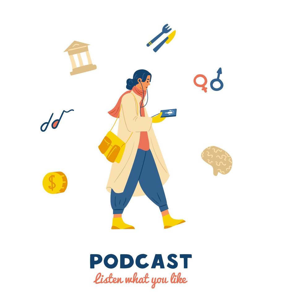 mujer caminando escuchando un programa de podcast en su teléfono inteligente. mostrar diferentes iconos. ilustración vectorial plana. aislado en blanco vector