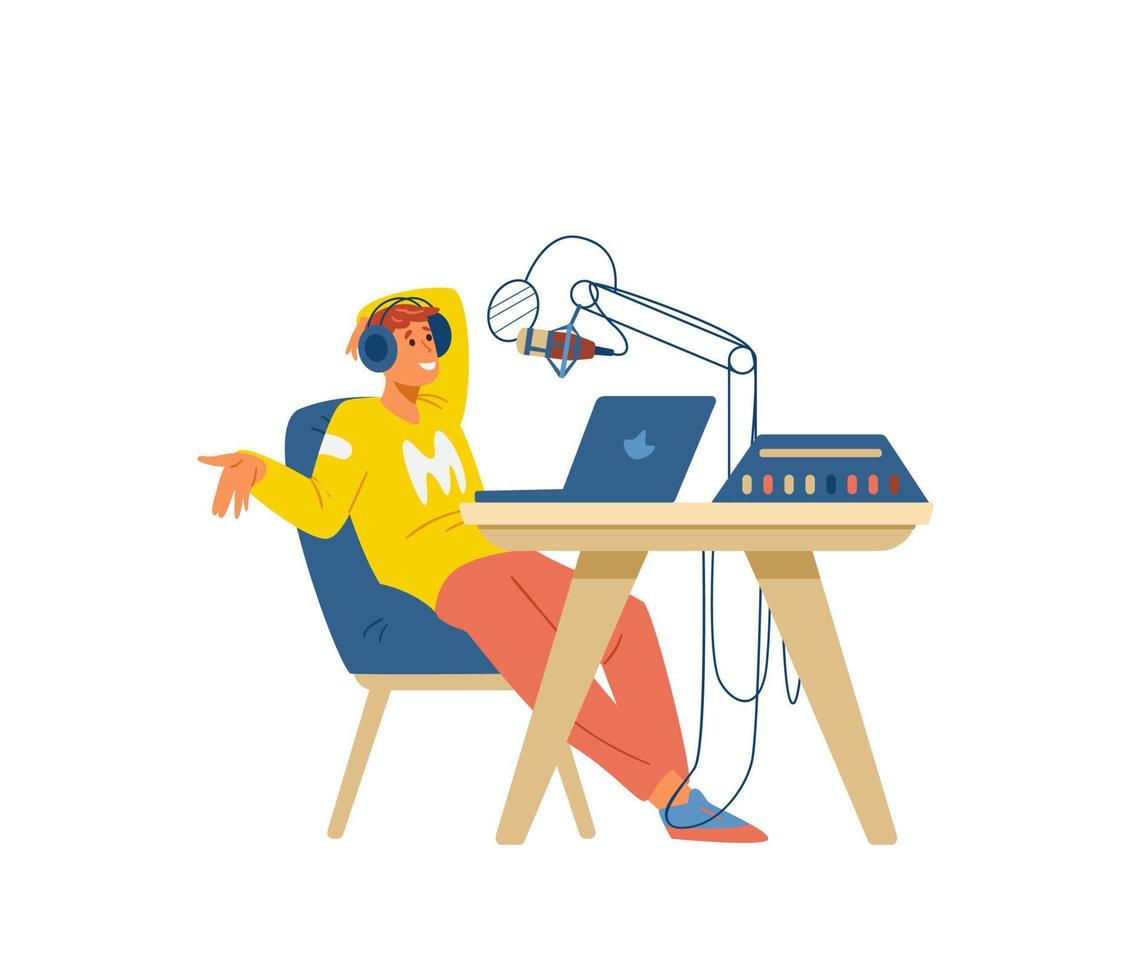 Podcast flat vector illustration. Man podcaster in headphones talking to microphone recording radio or podcast show. Isolated on white.