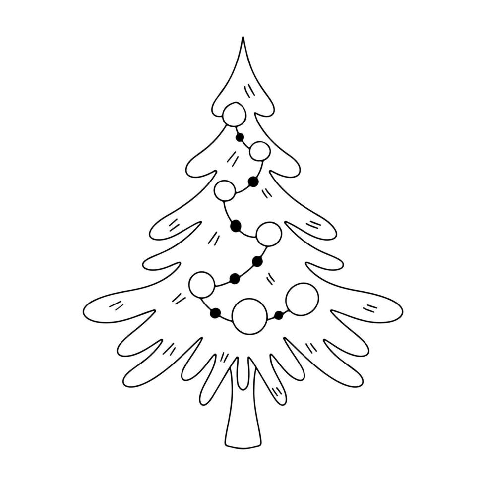 Illustration with festive Christmas tree on a white isolated background. Vector clip art in doodle style for cards, posters.