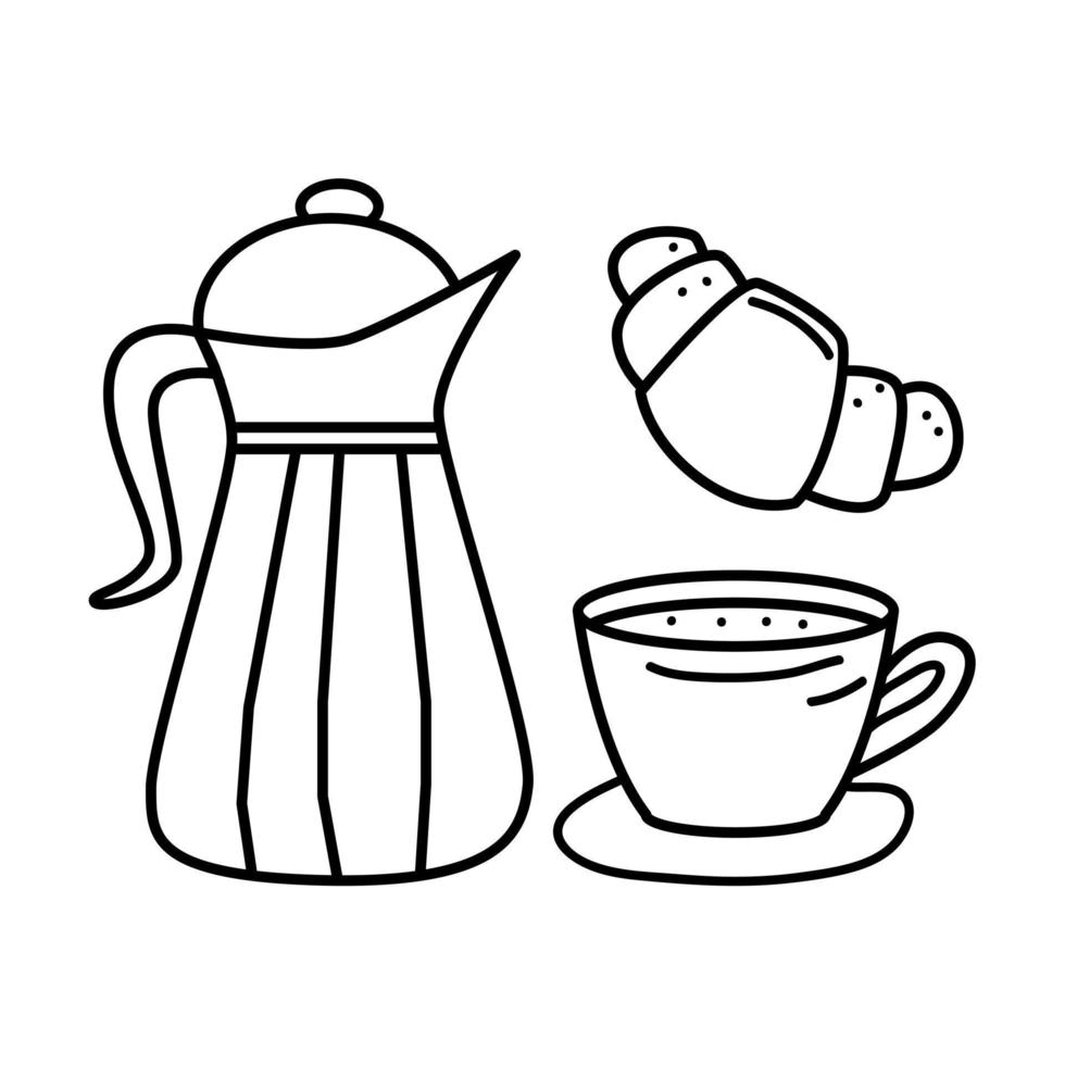 taza de té con tetera y croissant en estilo garabato dibujado a mano. concepto de la hora del té. ilustración vectorial vector