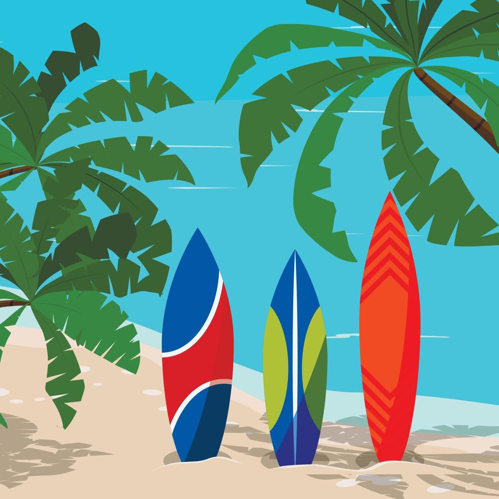 Beautiful marine landscape with colored surfboard - ocean, palm trees, sand coastline. vector