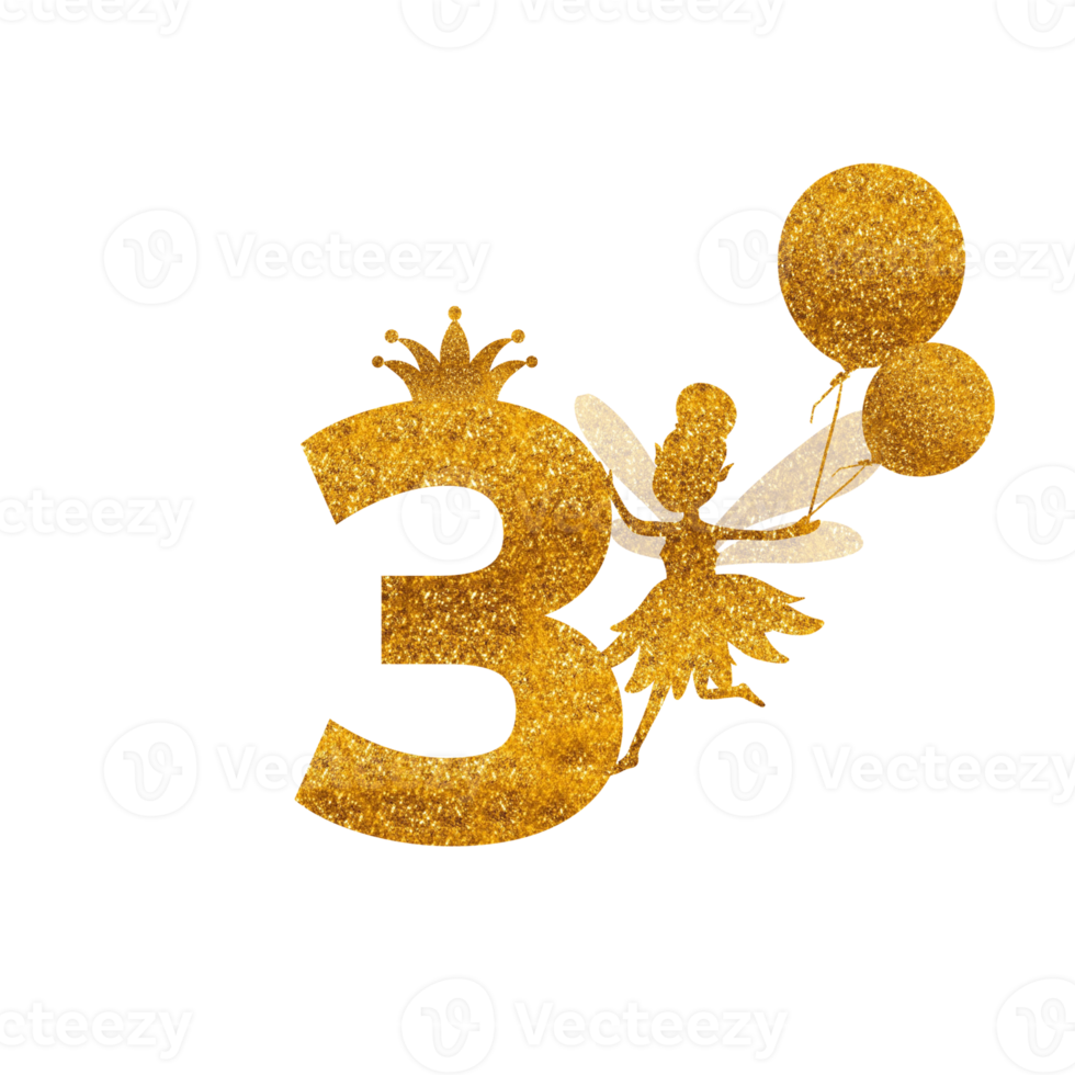 Number ,3, th birthday, fairy tale, gold glitter texture. png