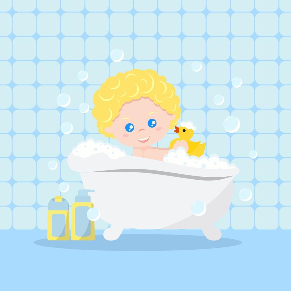 Baby taking a bath playing with foam bubbles and yellow rubber duck on bath interior background. vector