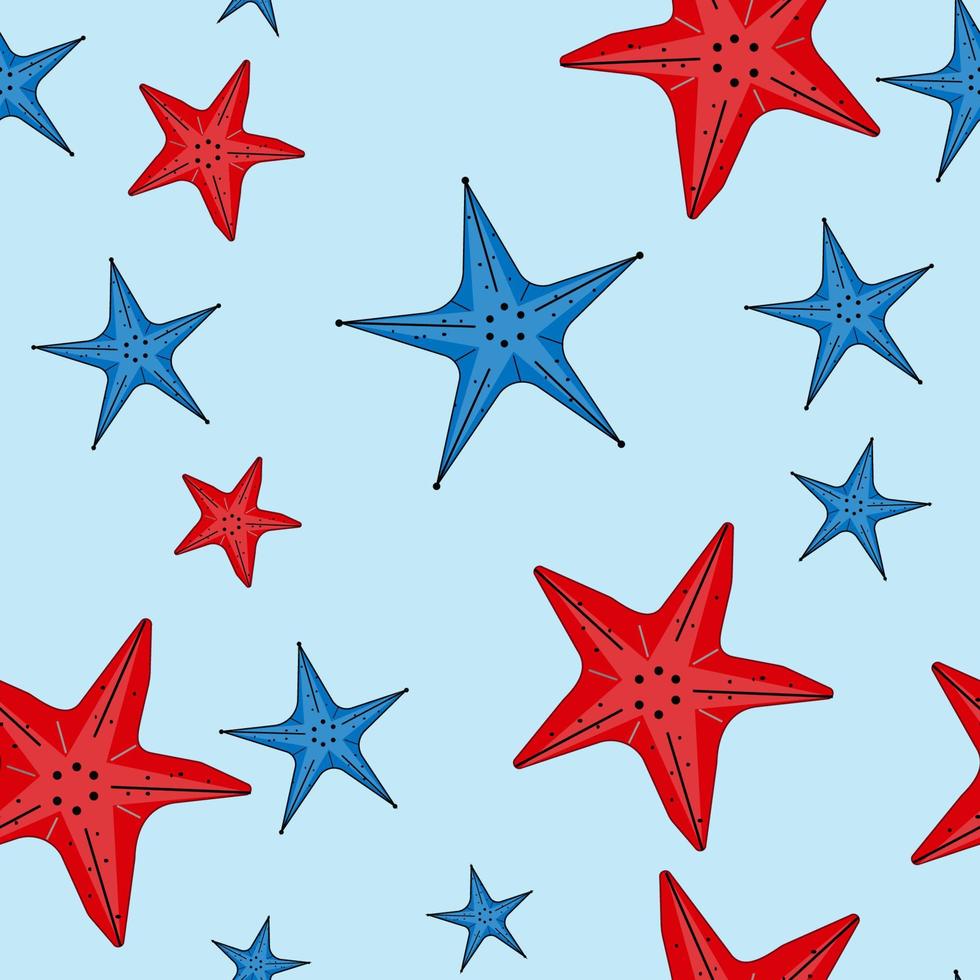 Vector seamless pattern with red and blue starfishes.