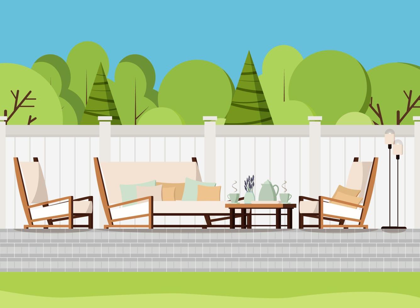 Relaxing porch zone private backyard patio retreat with outdoor country soft sofa, table with cups of tea and flowers, armchairs and lamps vector