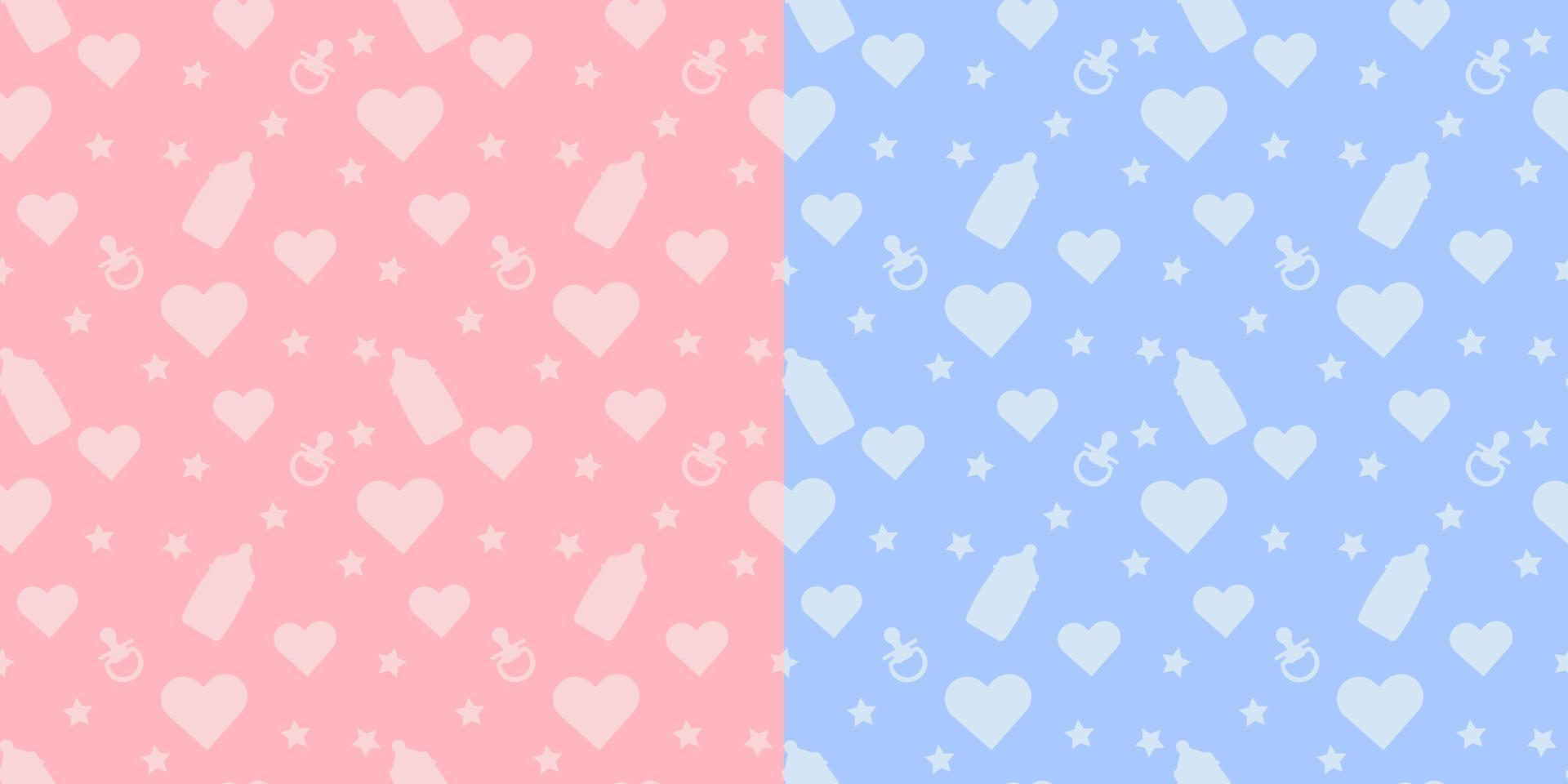 Set kids cute vector seamless pattern with shapes of baby bottle, pacifier, heart on blue and pink background