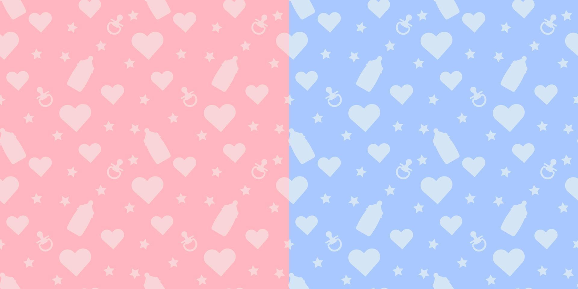 Set kids cute vector seamless pattern with shapes of baby bottle, pacifier, heart on blue and pink background