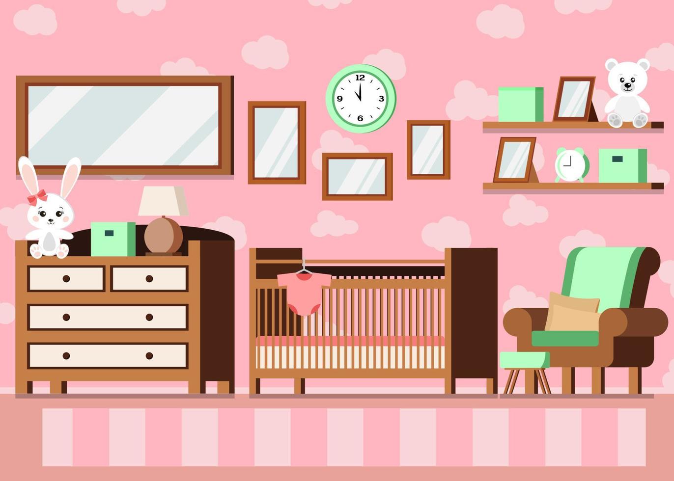 Cozy girl s baby room interior pink color background vector
