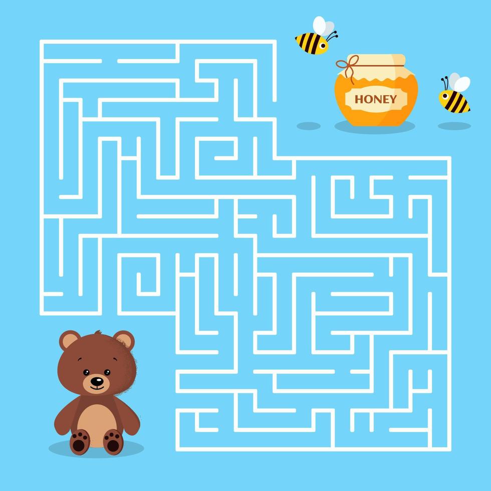 Maze game for the preschool children with a labyrinth Cartoon cute brown bear jar of honey and bees. Bear is looking for honey Vector illustration.