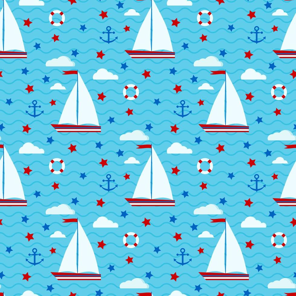 Marine cute vector seamless pattern with sailboat, stars, clouds, anchor, lifebuoy on the background of the sea with waves Endless texture Background for web, covers, decoration, children s design.