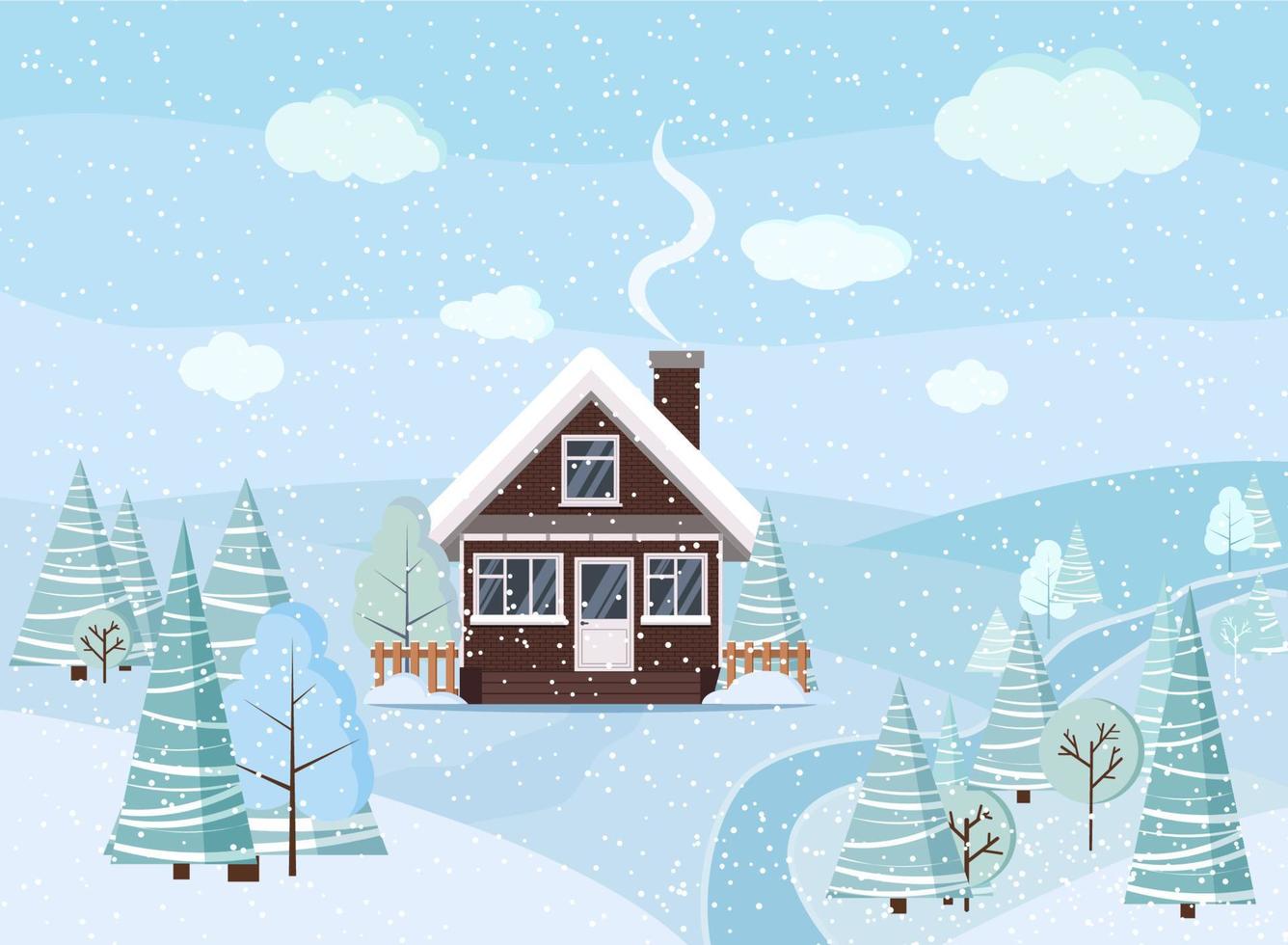 escena de paisaje nevado de invierno con casa de ladrillo, árboles de  invierno, abetos, nubes, río, nieve, campos en estilo plano de dibujos  animados, ilustración de fondo de vector de Navidad. 13209223
