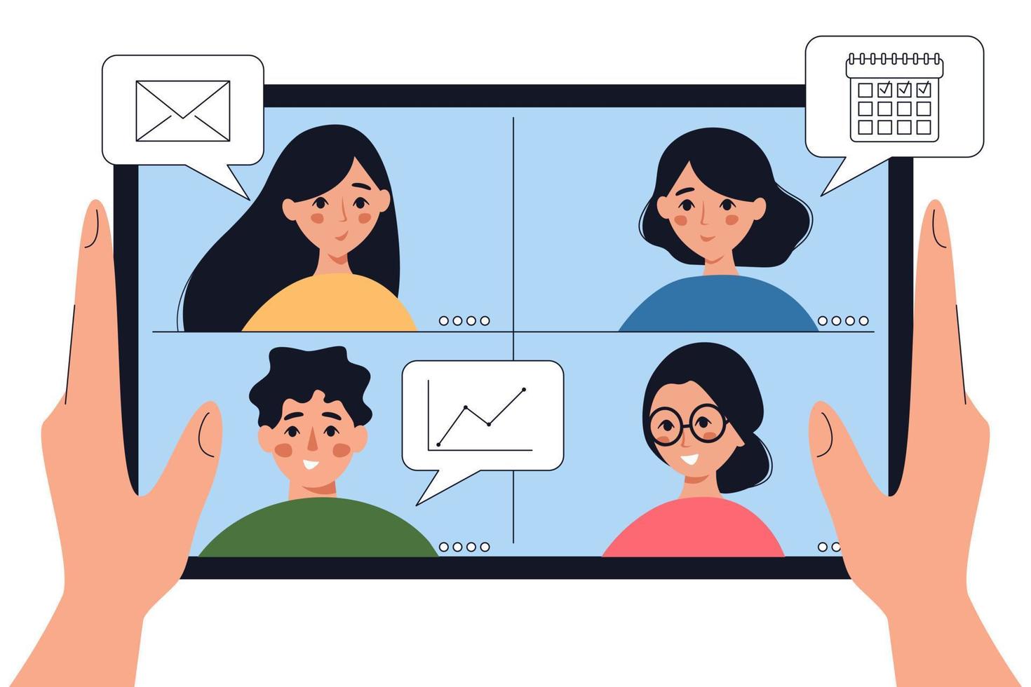 Person holding tablet and communicating via internet. Hands and smartphone close up. Online communication at work, remote office workers talking videocall, virtual video meeting at distance. vector