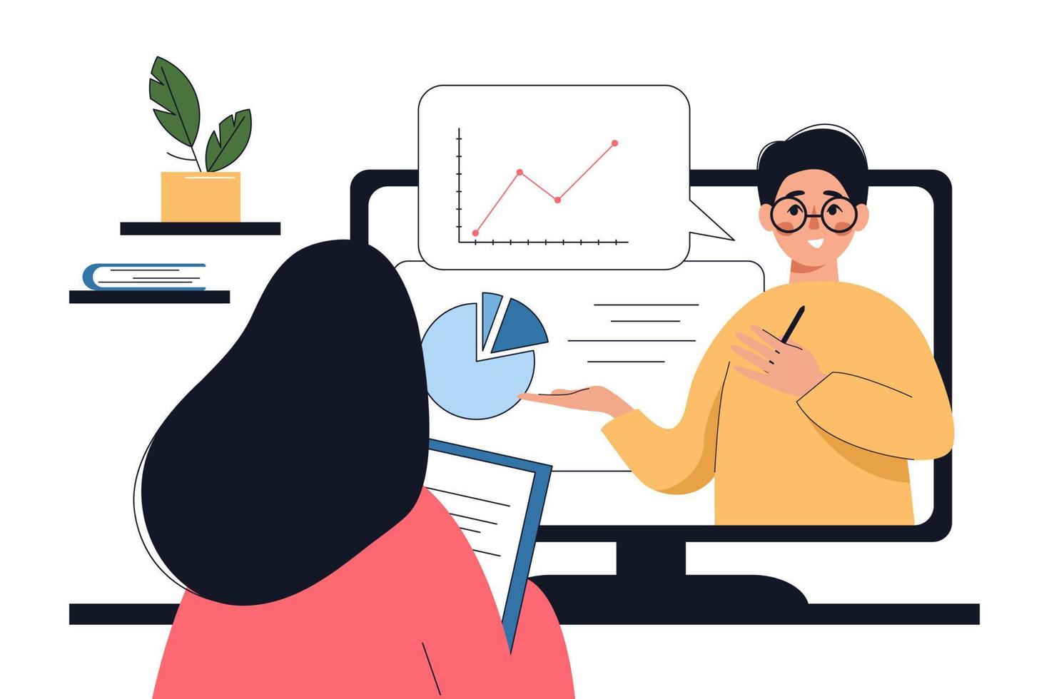 Woman communicates via internet. Video call at work, remote office colleagues at business call, virtual video meeting at distance. Vector flat illustration.