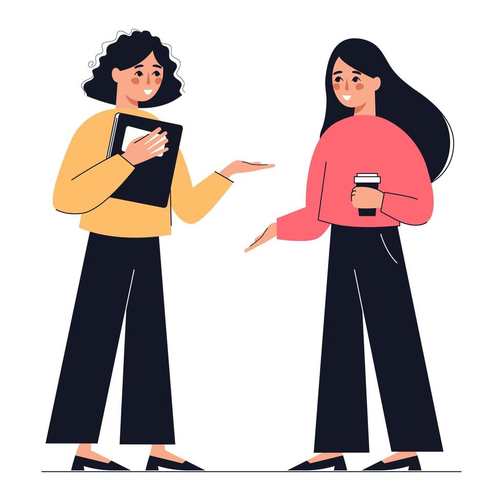 las mujeres jóvenes se comunican. concepto de encuentro, amistad, conversaciones, trabajo en equipo, formación y tutoría. vector