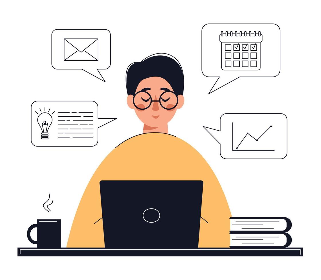 Man with laptop. Online work, online courses, online meeting, education business and self development concept. Vector illustration.