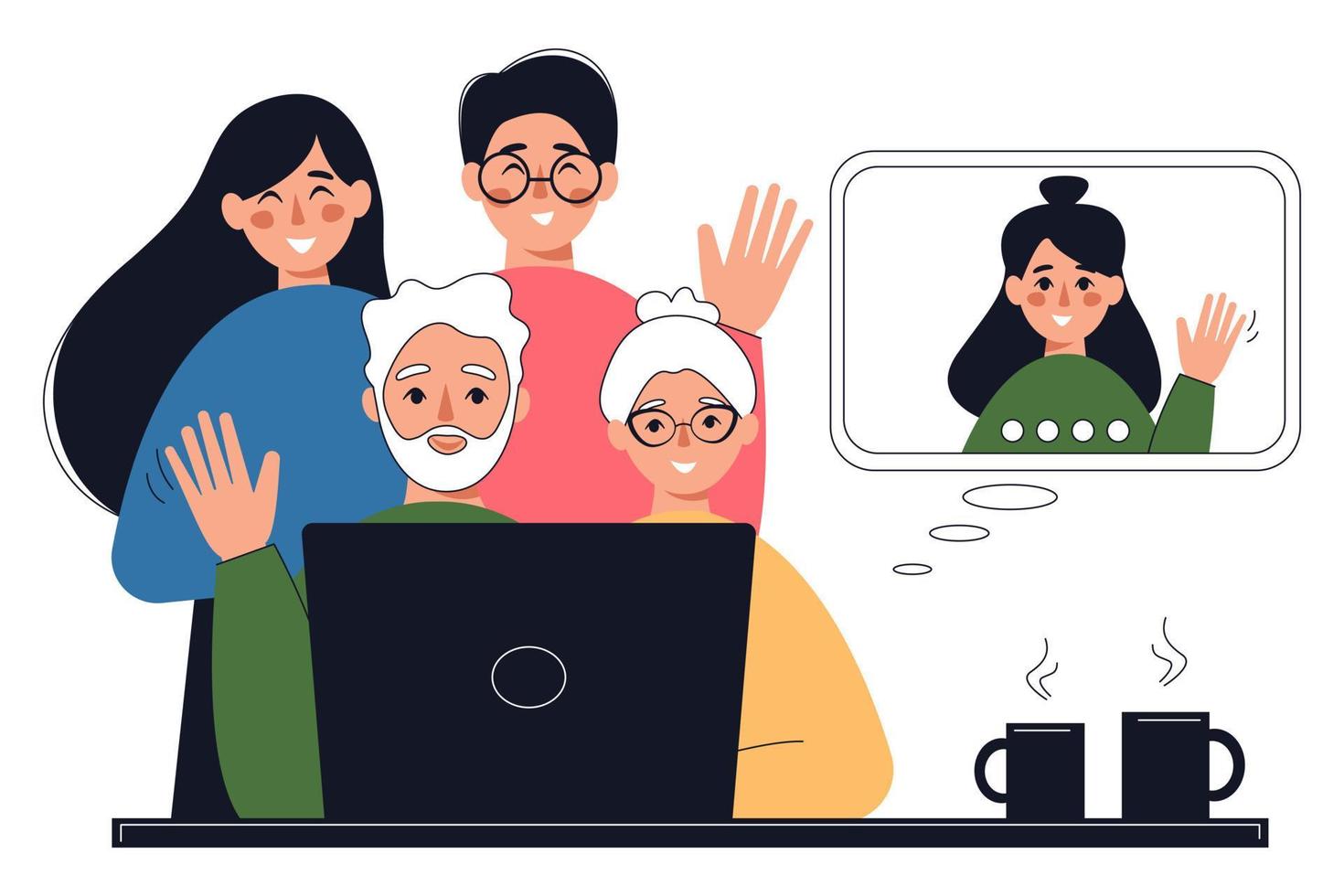 Family using laptop for communication via internet with relative. Diverse online conversations, virtual video meeting at distance. Vector flat illustration.