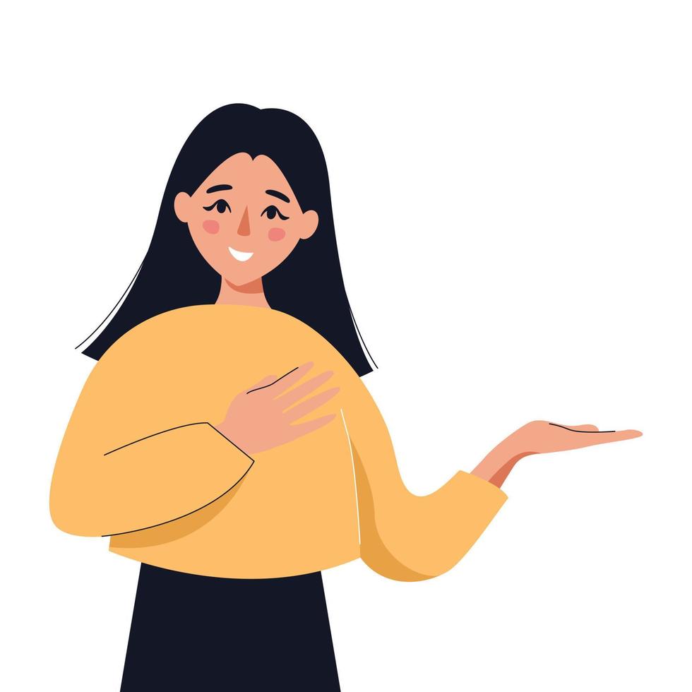 Woman pointing to something with her hand. Girl making gesture paying attention. Vector illustration.