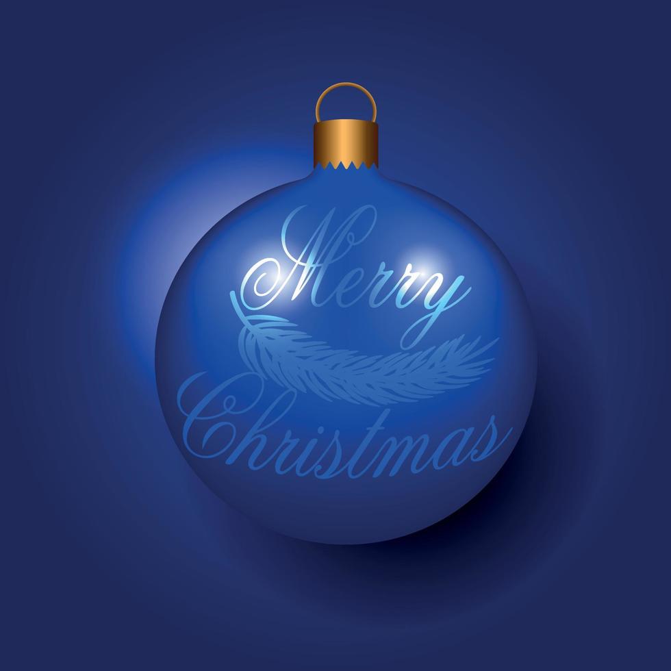 Dark blue Christmas ball with ribbon and a bow on blue background. Vector illustration, no raster. Christmas decoration.