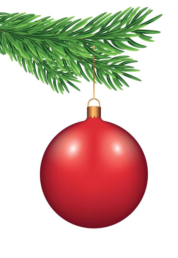 red Christmas tree ball hanging on a green spruce branch. On a transparent background. Template for text, design element, copy space, postcard, social media, cover design. New Year and Christmas vector