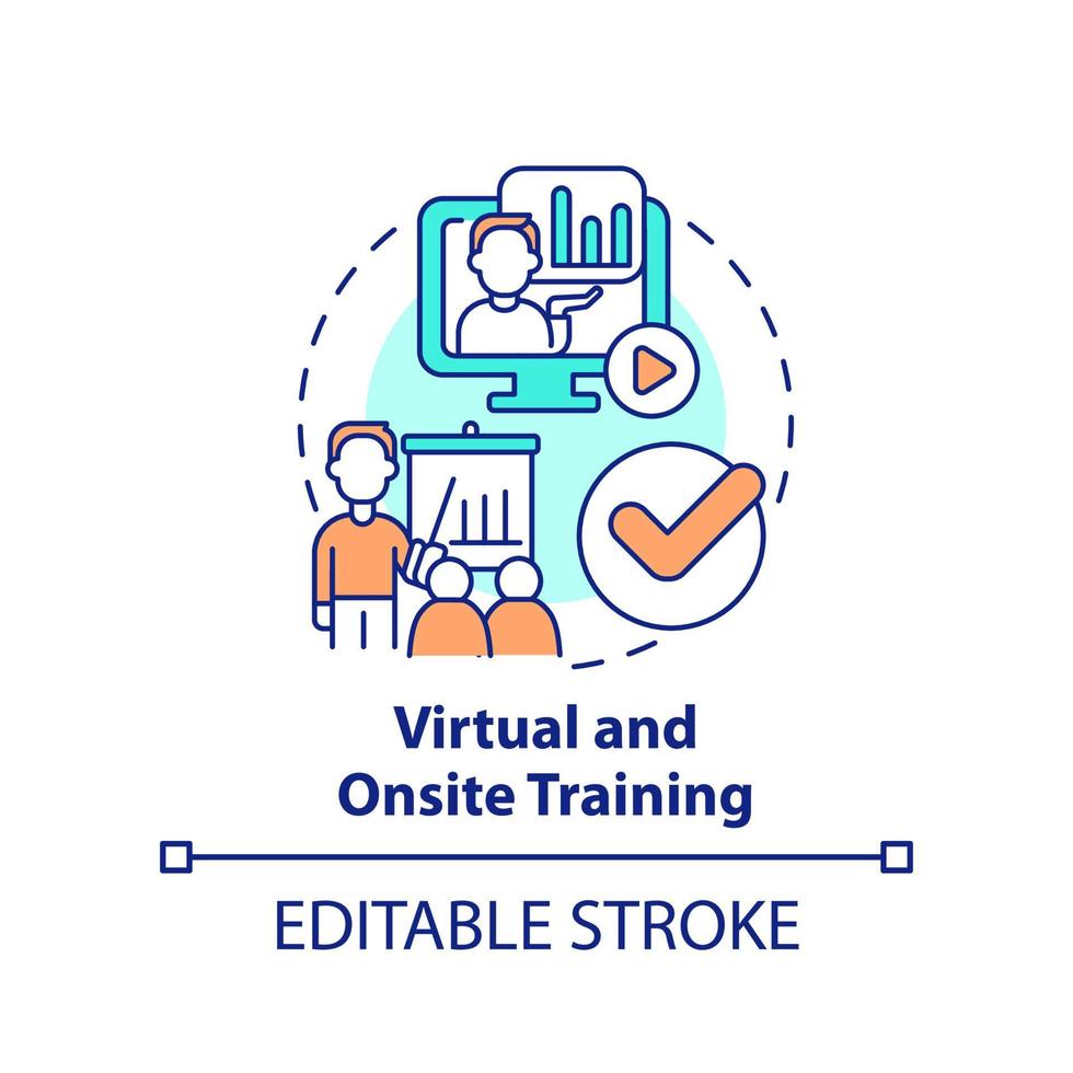 Virtual and onsite training concept icon. Effective acquiring knowledge abstract idea thin line illustration. Isolated outline drawing. Editable stroke. vector
