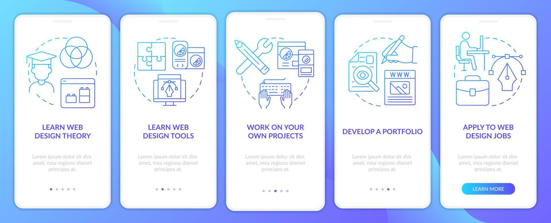 Becoming web designer blue gradient onboarding mobile app screen. Walkthrough 5 steps graphic instructions with linear concepts. UI, UX, GUI template. vector