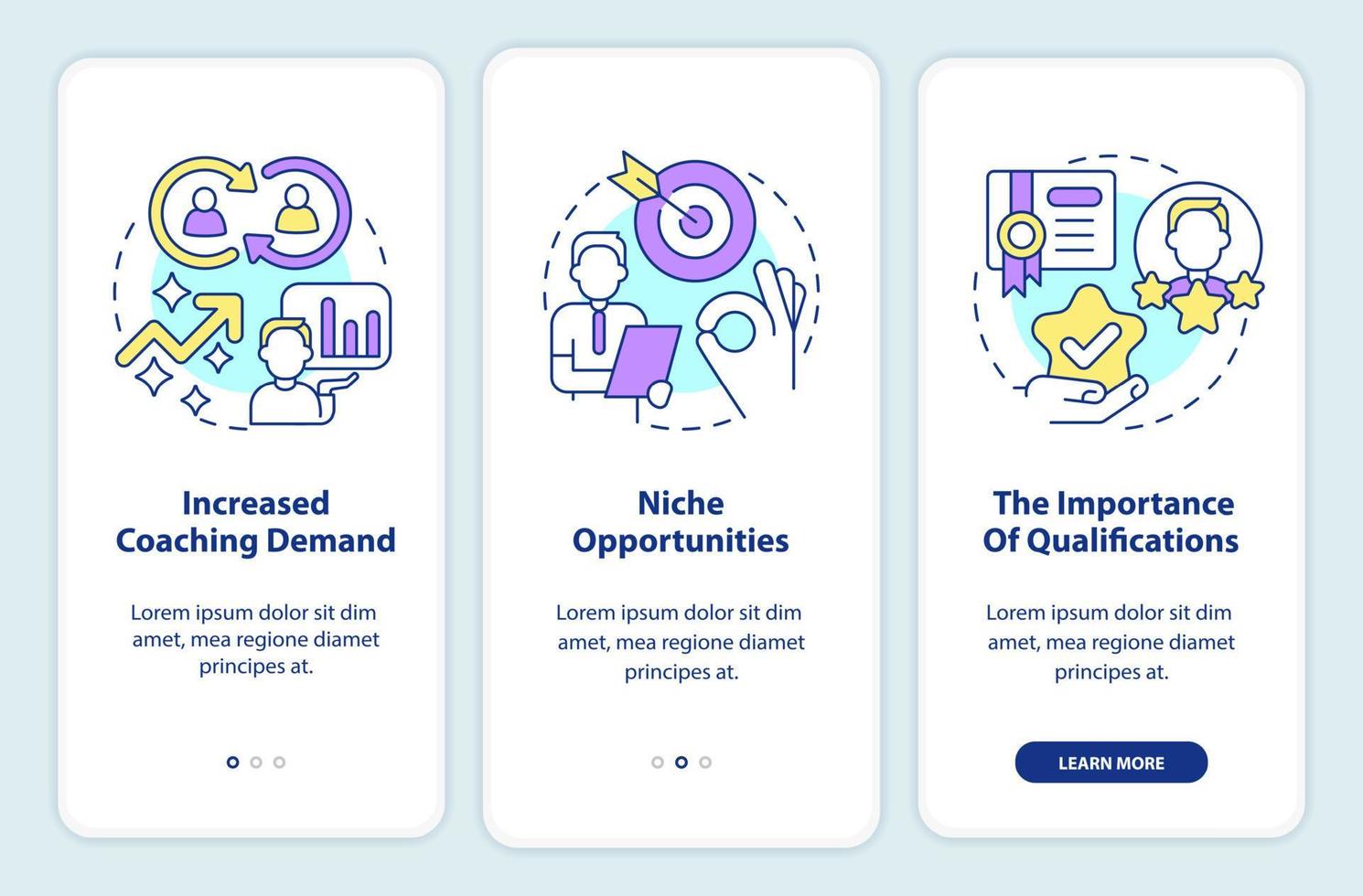 Business coaching trends onboarding mobile app screen. Qualifications walkthrough 3 steps editable graphic instructions with linear concepts. UI, UX, GUI template. vector