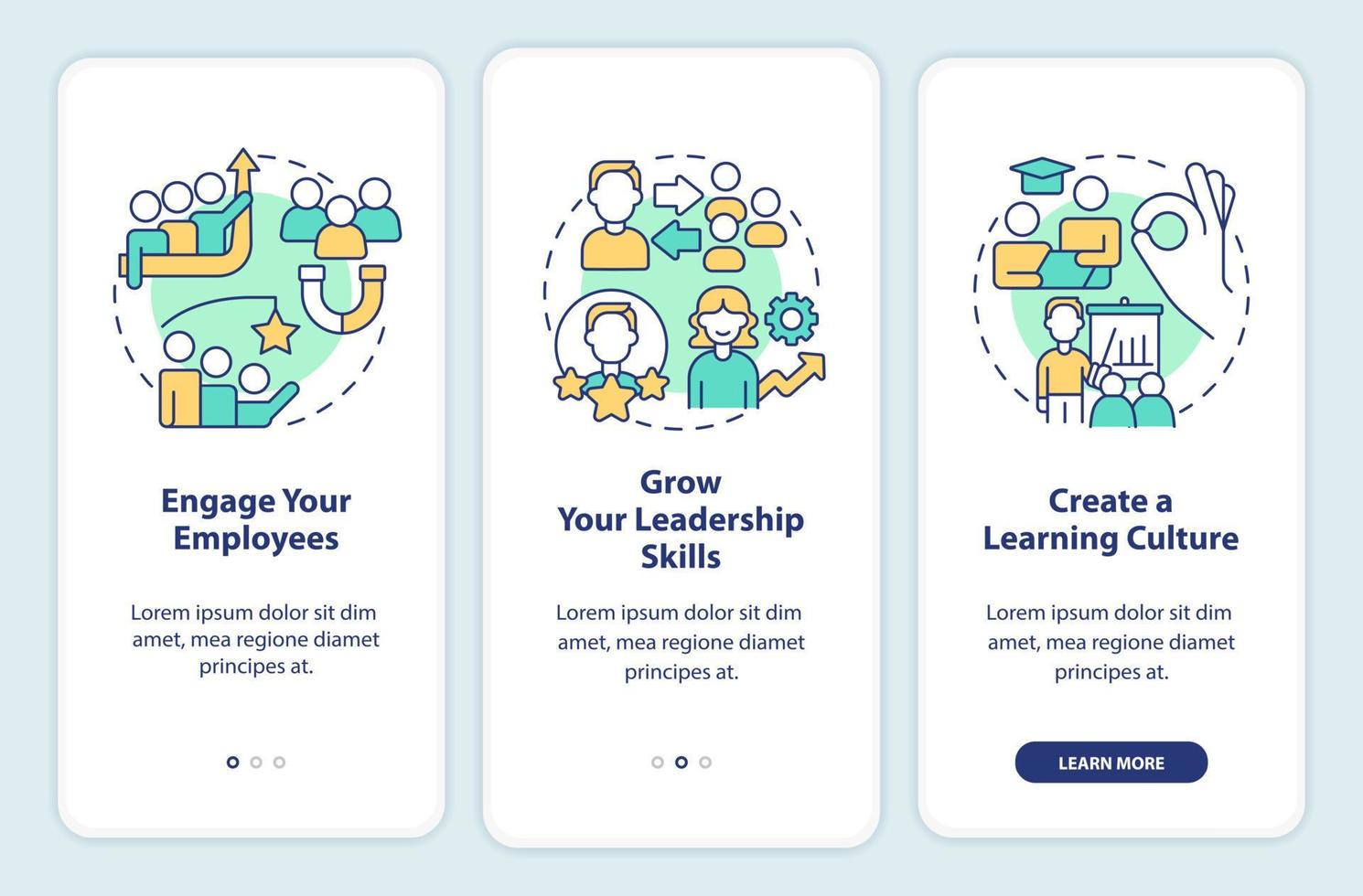 Business coaching courses ad onboarding mobile app screen. Engagement walkthrough 3 steps editable graphic instructions with linear concepts. UI, UX, GUI template. vector