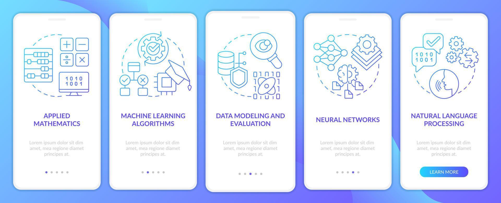 habilidades de ingeniero de aprendizaje automático pantalla de aplicación móvil de incorporación de gradiente azul. Instrucciones gráficas de 5 pasos con conceptos lineales. interfaz de usuario, ux, plantilla de interfaz gráfica de usuario. vector