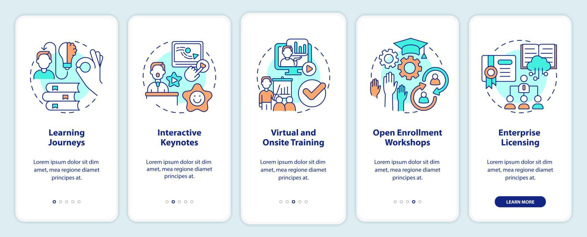 Methods for learning experience onboarding mobile app screen. Walkthrough 5 steps editable graphic instructions with linear concepts. UI, UX, GUI template. vector