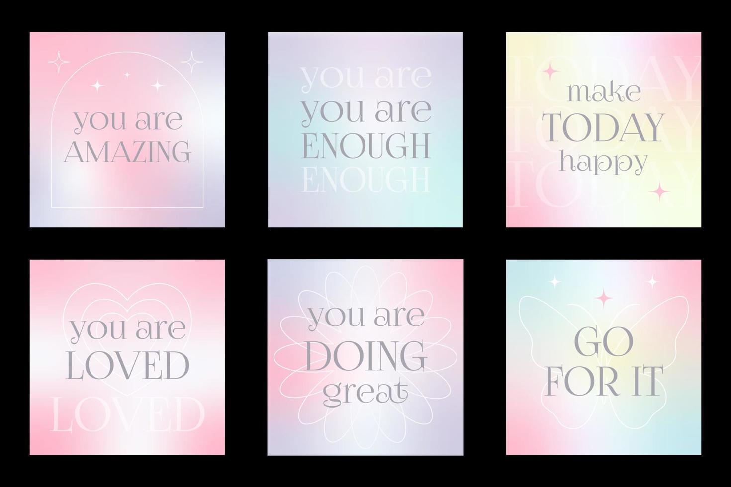 Grainy vector mesh gradients with soft transitions. Pastel colors. Y2k gradient postcards quotes. Trendy minimalist designs for banners, social media, covers.