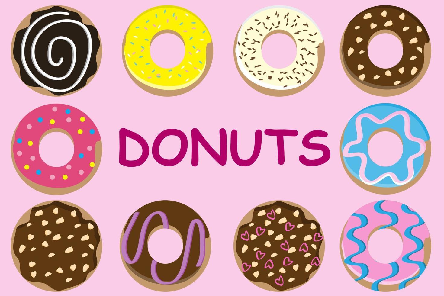 delicious donuts with various toppings, chocolate, strawberries, vanilla, nuts vector