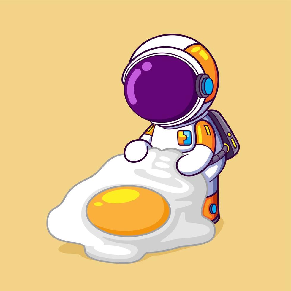 The astronaut is holding a large frying egg and ready to eat it with rice vector