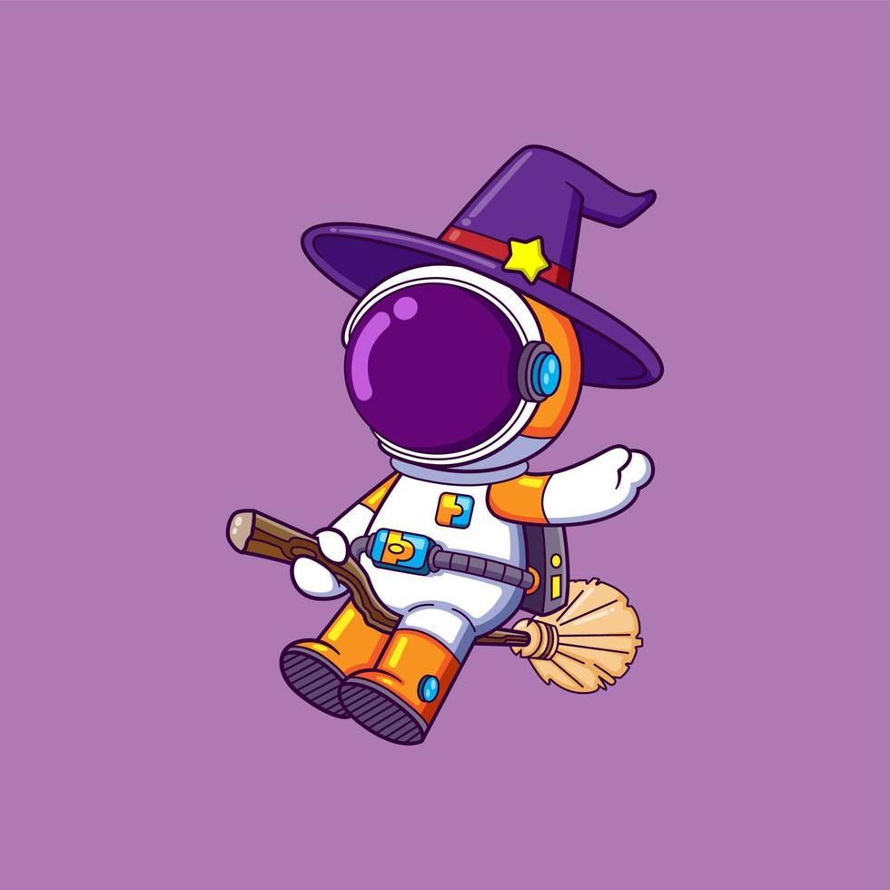 The astronaut is riding a magic broom in the sky flying so high while wearing magic hat vector