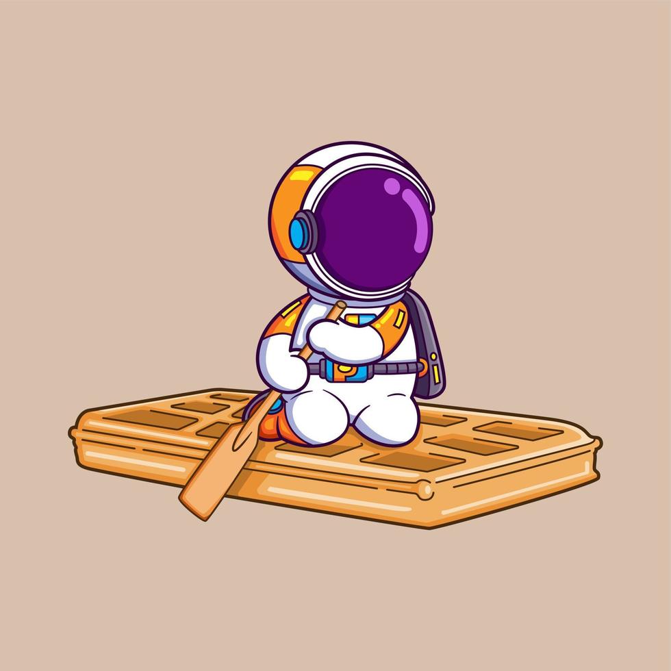 The cute astronaut is riding the big waffle ship and rowing it like a river boat vector