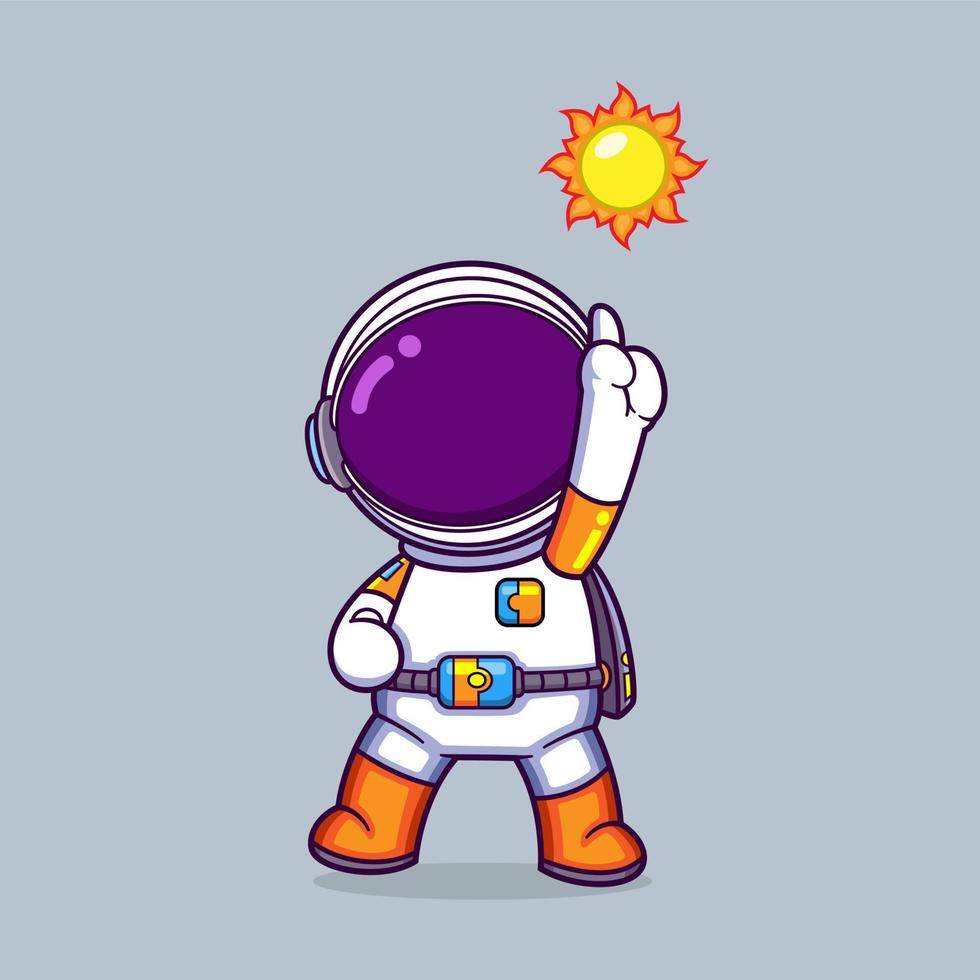 The astronaut is standing while pointing up to the little sun in the sky vector