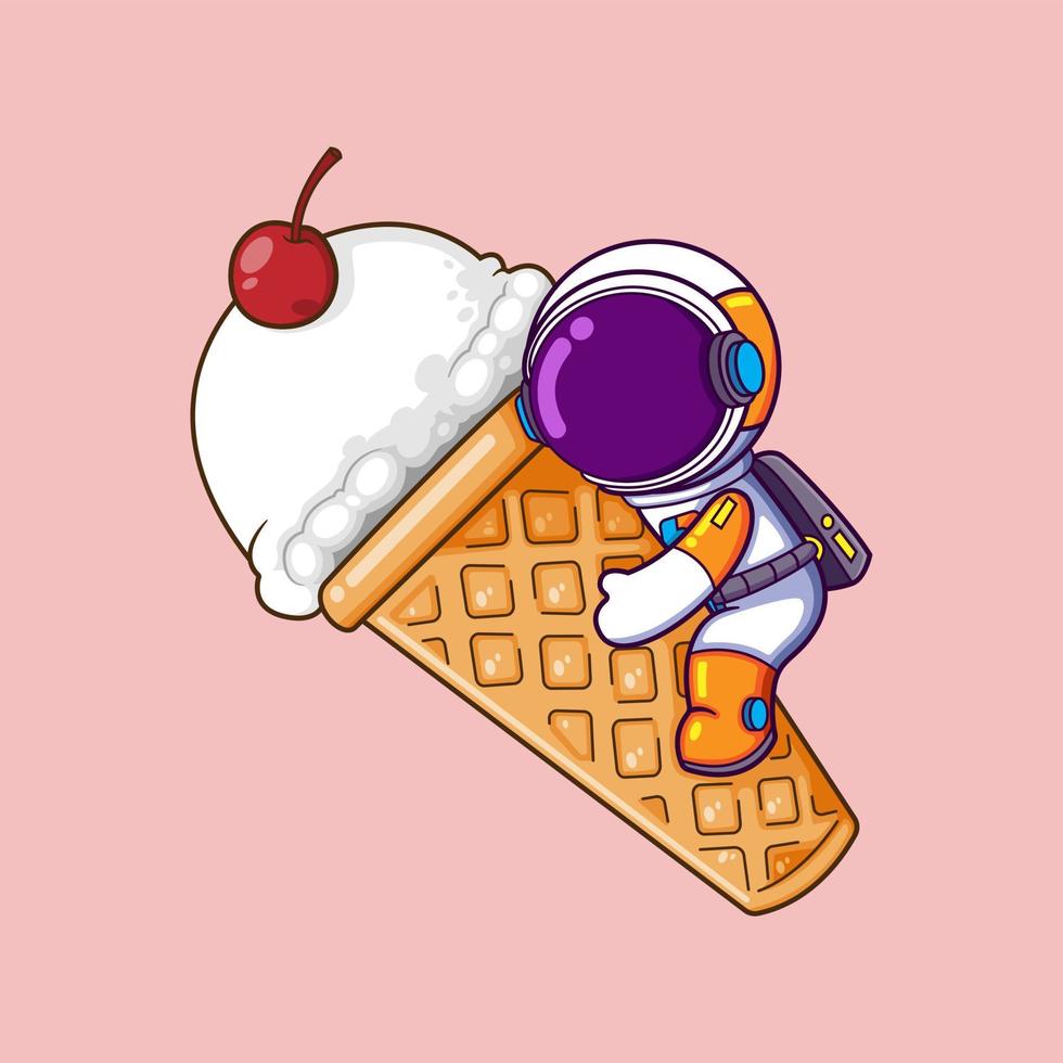 The astronaut is hugging a big ice cream with topping cherry on the top of it vector