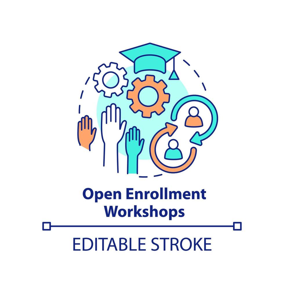 Open enrollment workshops concept icon. Method for learning experience abstract idea thin line illustration. Isolated outline drawing. Editable stroke. vector
