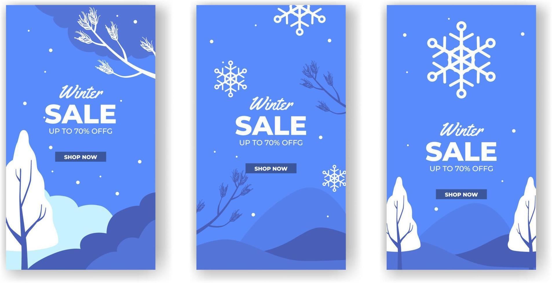 historias de redes sociales oferta de venta de invierno promoción de descuento con copo de nieve de pino de color azul plano vector