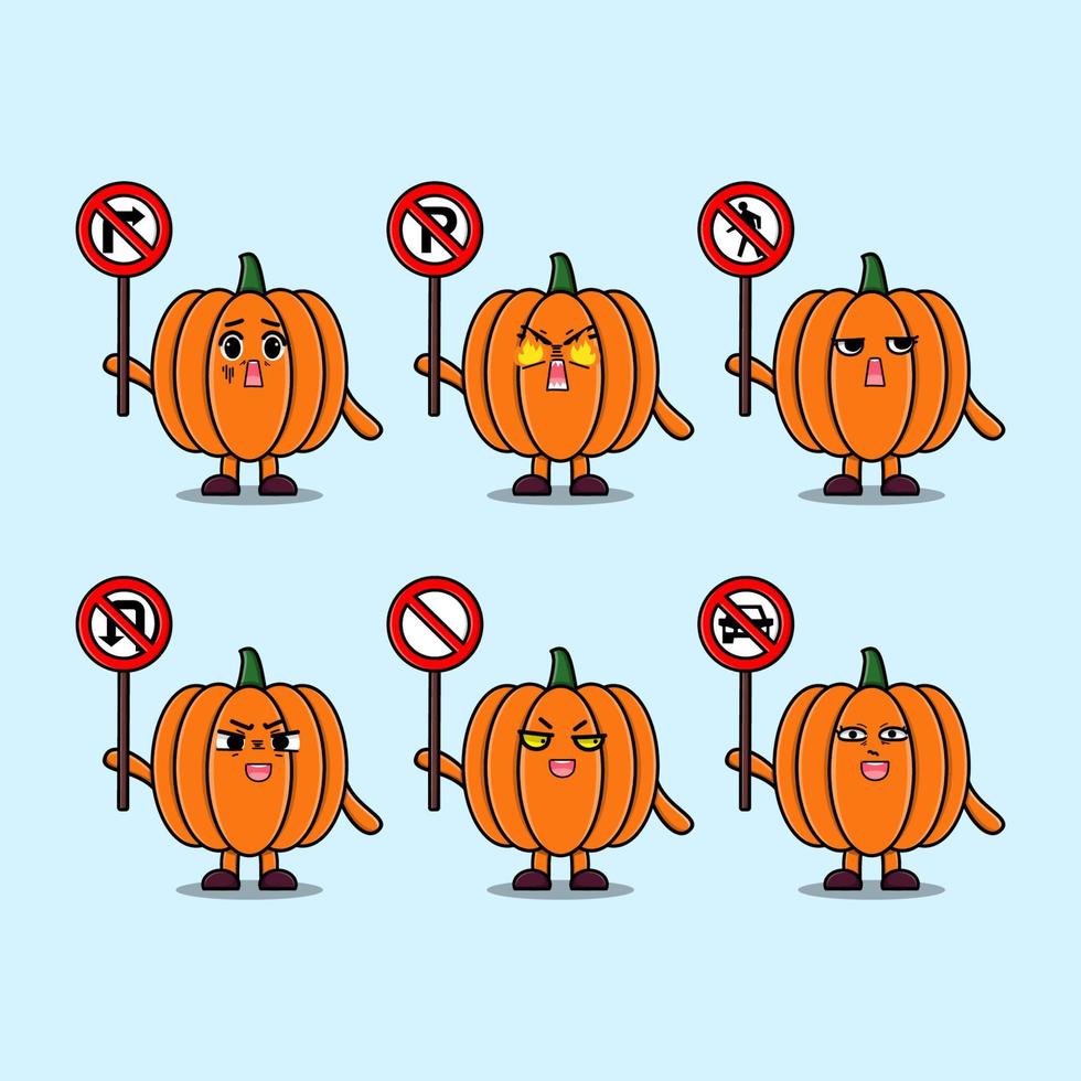 Cute Pumpkin cartoon character hold traffic sign vector