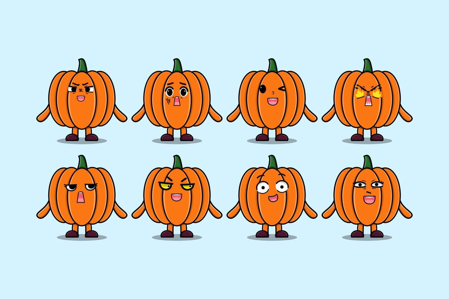 Establecer diferentes expresiones de dibujos animados de calabaza kawaii vector