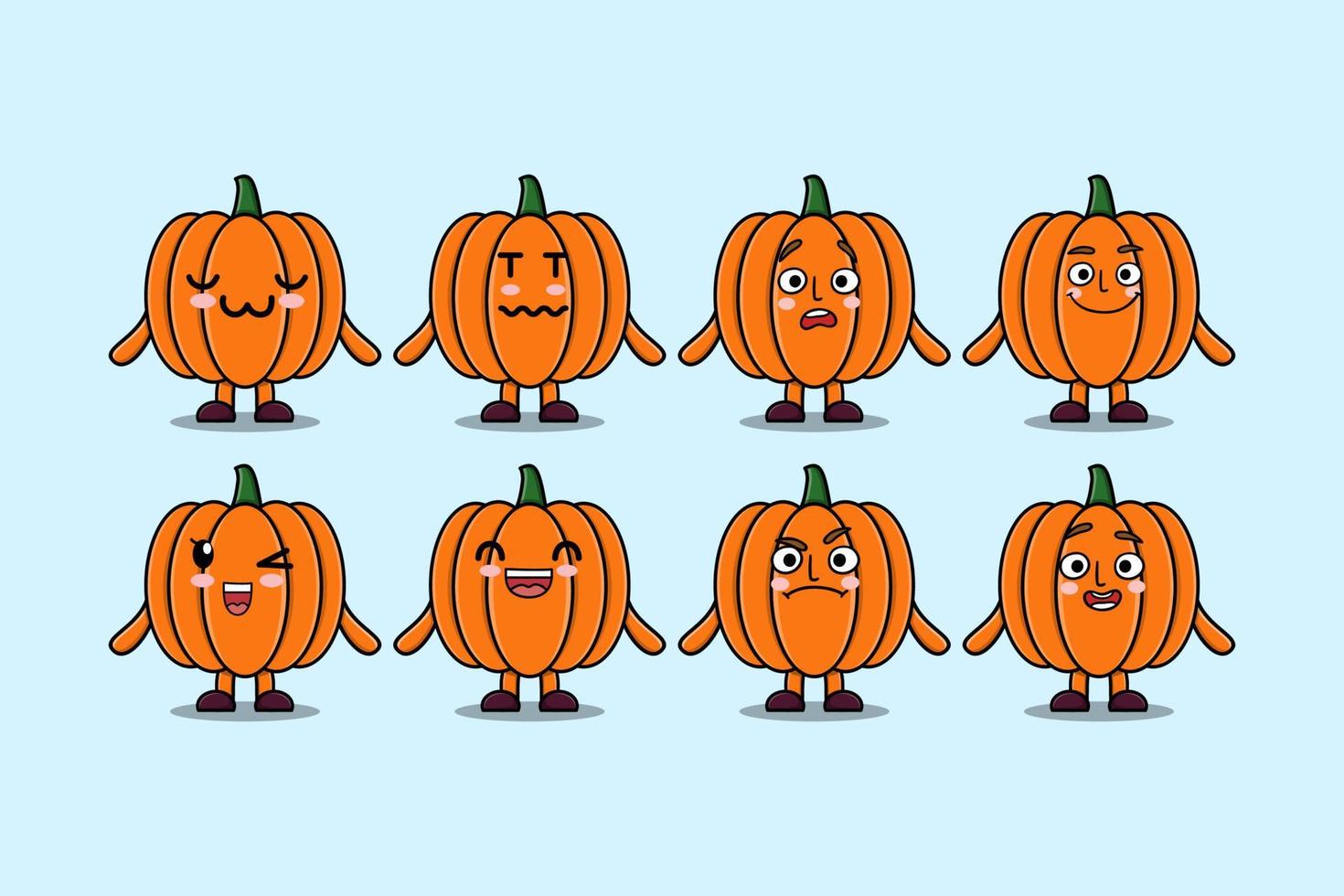 Establecer diferentes expresiones de dibujos animados de calabaza kawaii vector