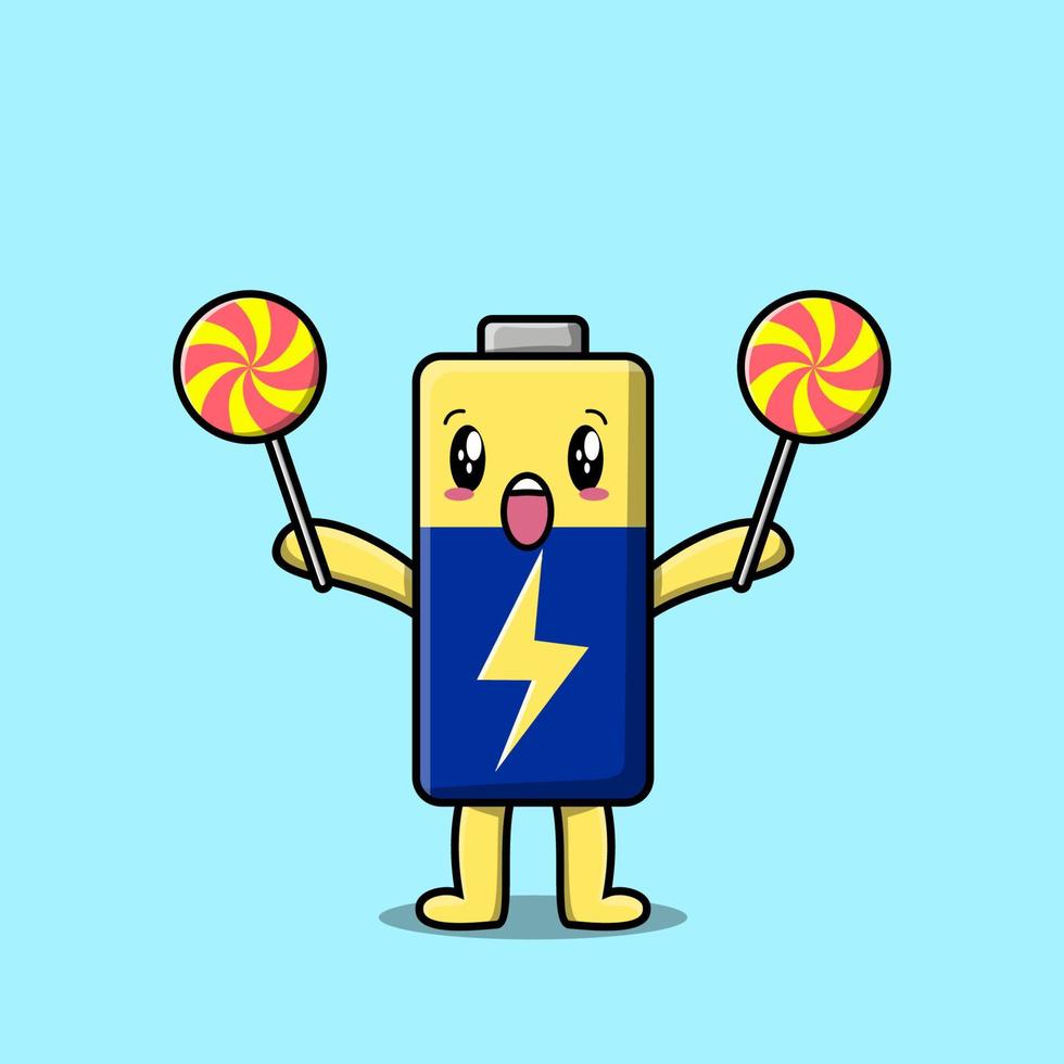Cute cartoon Battery character hold lollipop candy vector