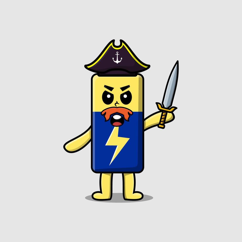 Cute cartoon mascot Battery pirate holding sword vector