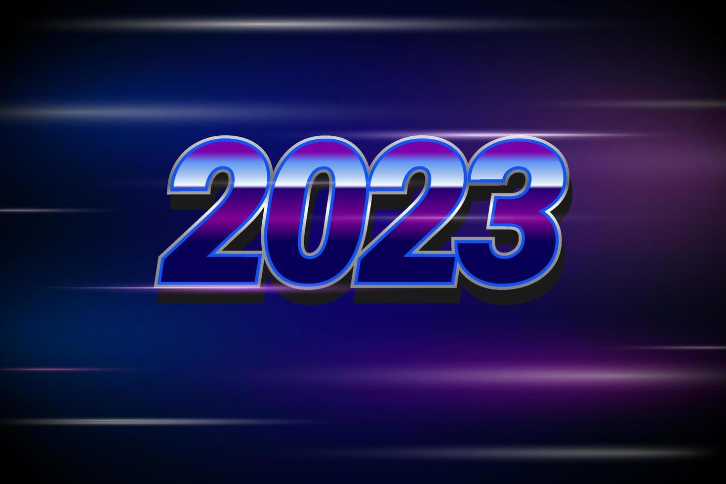 2023 feliz año nuevo con efecto de texto cromado. estilo retro futurista. rayos de luz horizontales, destellos de lentes horizontales violetas azules, rayos láser de velocidad, movimiento de línea brillante vector